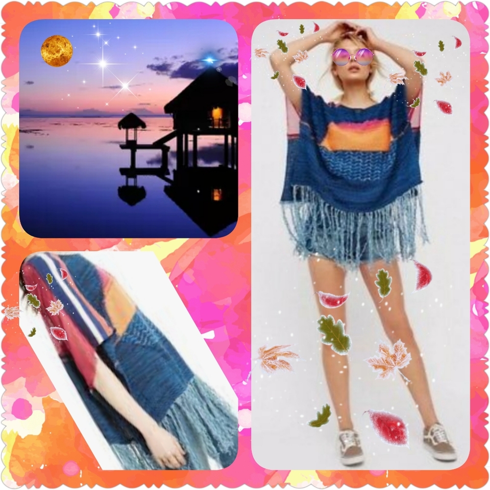 Free People Fringe "Sunset" Poncho Sweater Tunic